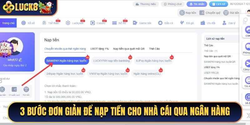 3 bước đơn giản để nạp tiền cho nhà cái qua ngân hàng